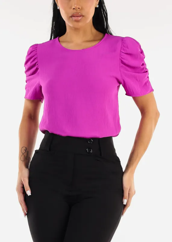 Short Puff Sleeve Round Neck Blouse Purple sold by Moda