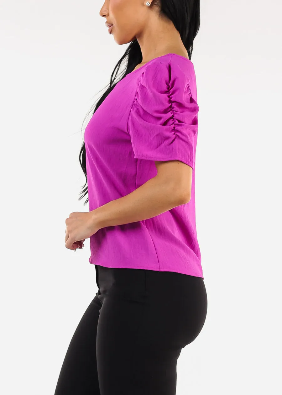 Short Puff Sleeve Round Neck Blouse Purple sold by Moda product image thumbnail 3