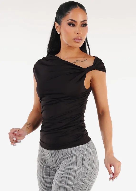 Black Sleeveless Asymmetrical Neckline Blouse sold by Moda