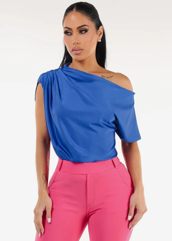 Asymmetrical Neck Pleated Satin Stretchy Blouse Blue sold by Moda
