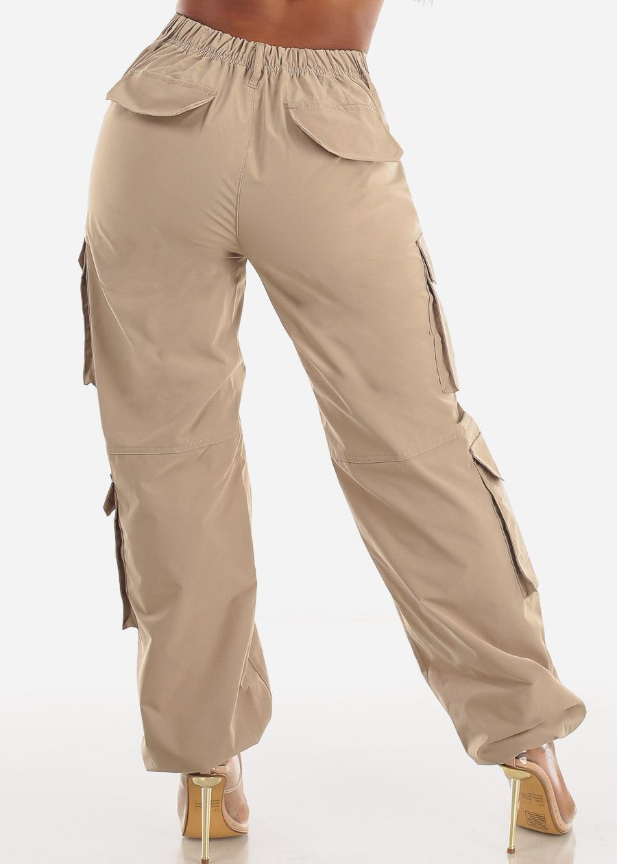 Khaki High Waist Utility Cargo Pants w Adjustable Drawstring Hem sold by Moda product image thumbnail 4
