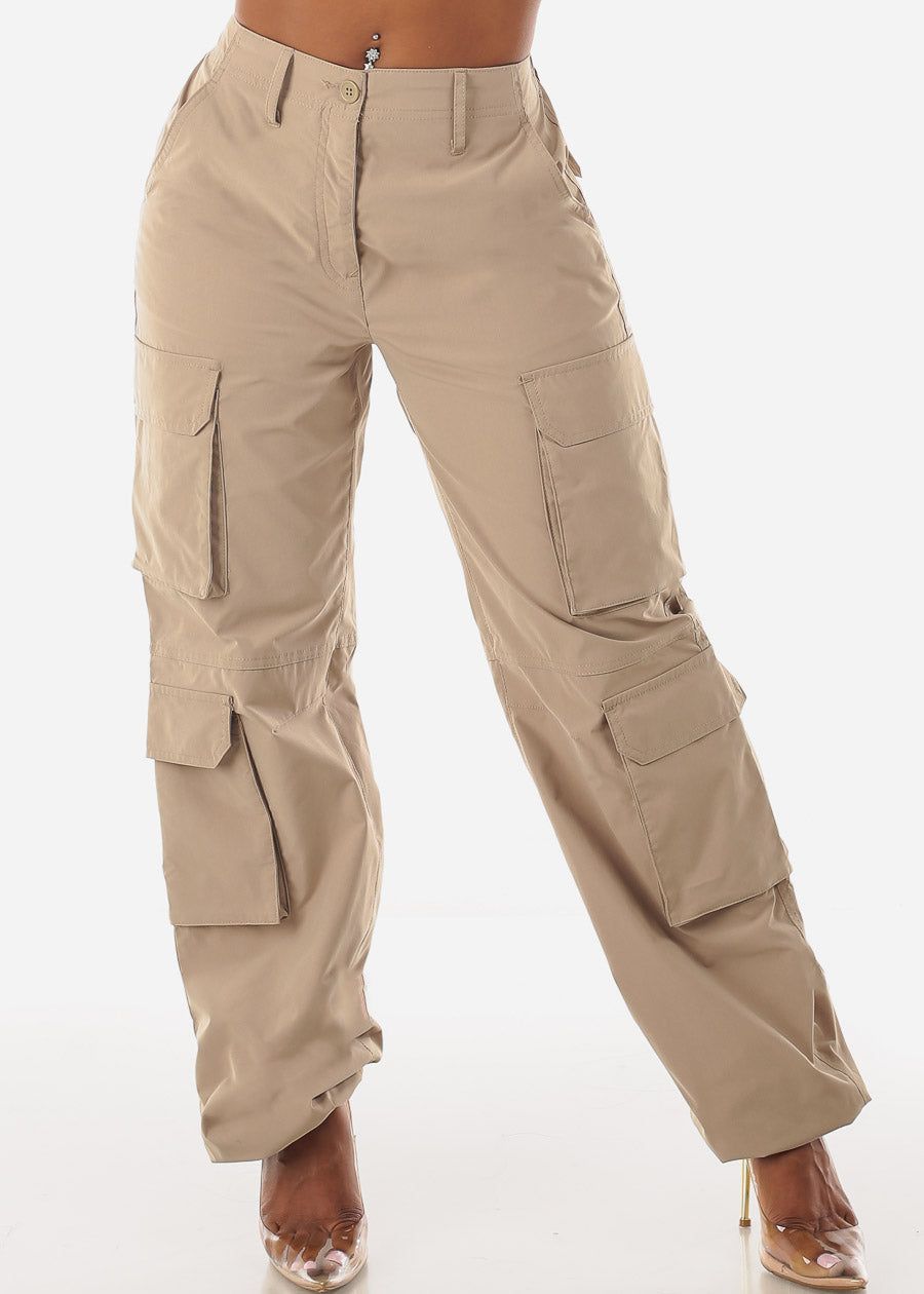 Khaki High Waist Utility Cargo Pants w Adjustable Drawstring Hem sold by Moda