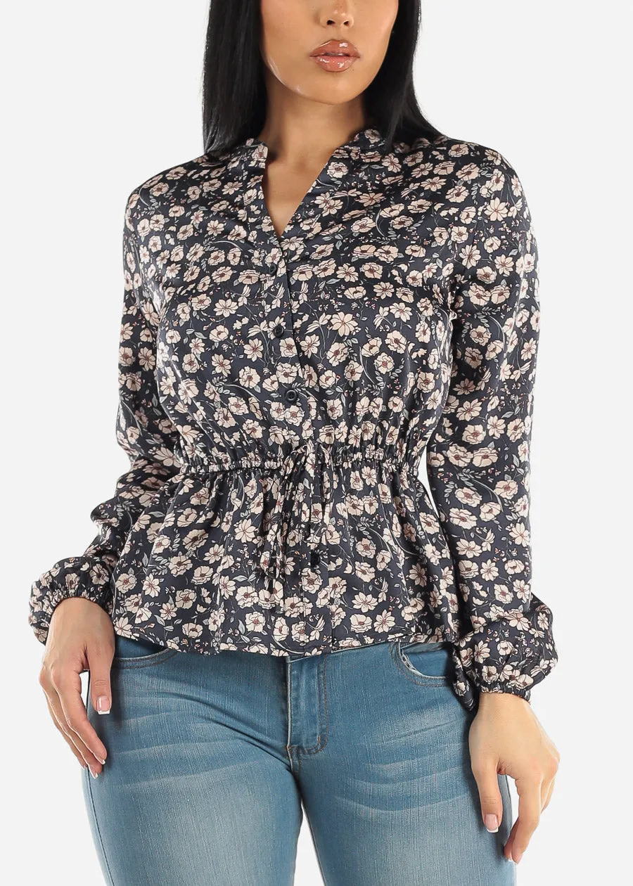 Long Sleeve Button Up Floral Blouse Navy W Elastic Waist sold by Moda