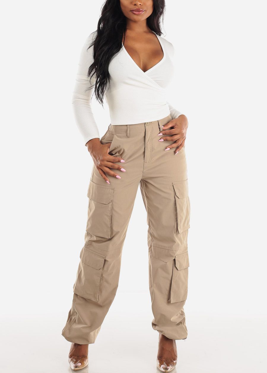 Khaki High Waist Utility Cargo Pants w Adjustable Drawstring Hem sold by Moda product image thumbnail 5