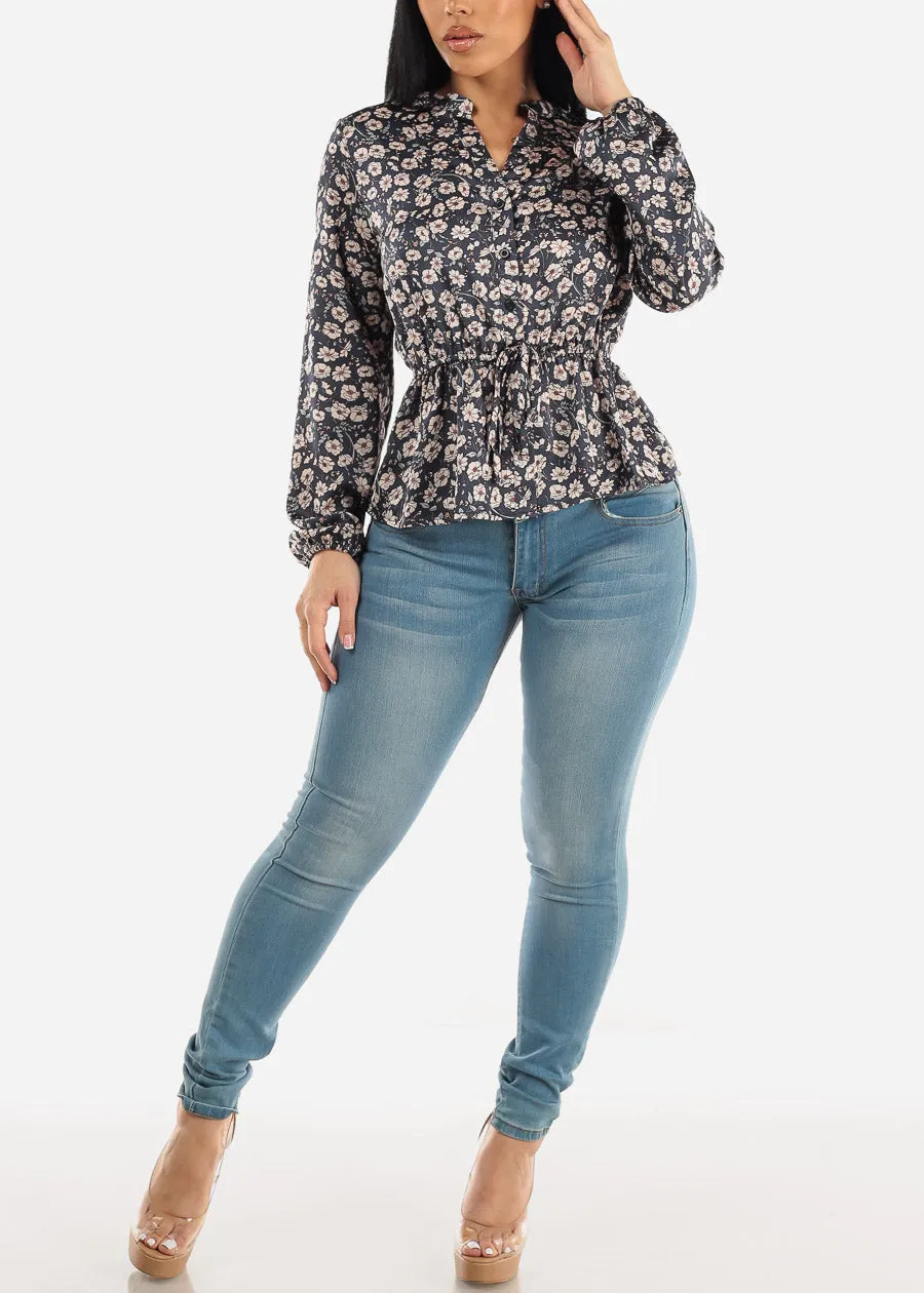 Long Sleeve Button Up Floral Blouse Navy W Elastic Waist sold by Moda product image thumbnail 2
