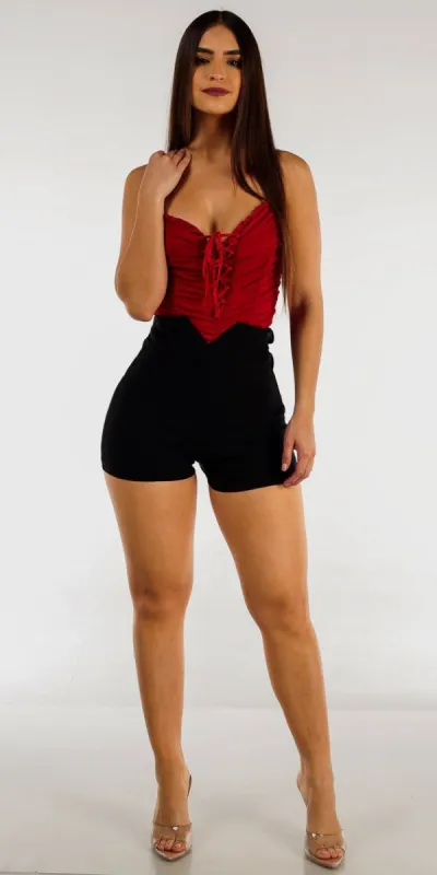 Waist Tie Black Dressy Shorts with Sleeveless Lace Up Ruched Red Bodysuit sold by Moda