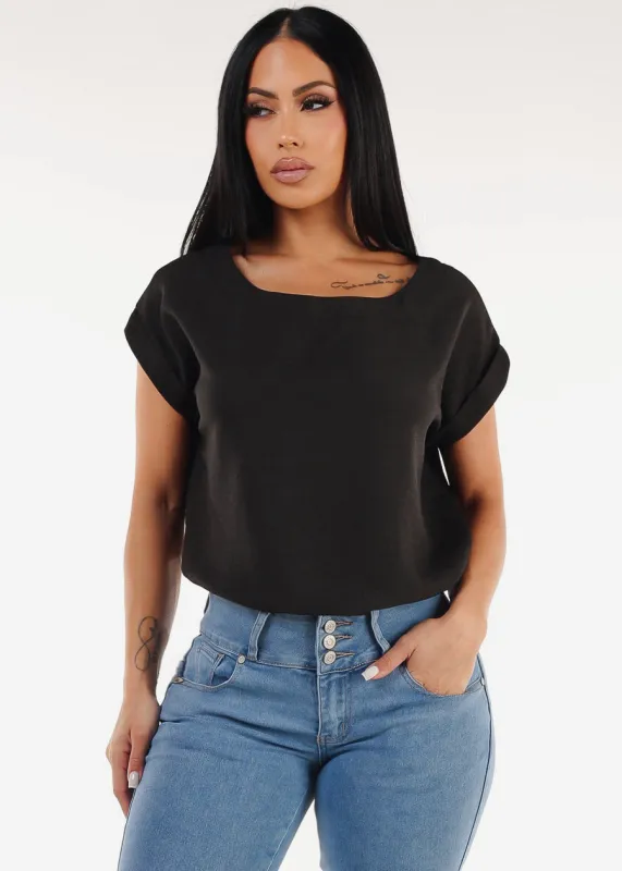 Cuffed Short Sleeve Poly Linen Blouse Black sold by Moda