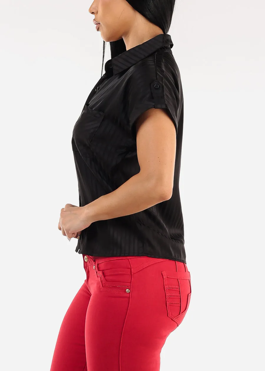 Satin Short Sleeve Stripe Collared Blouse Black sold by Moda product image thumbnail 3