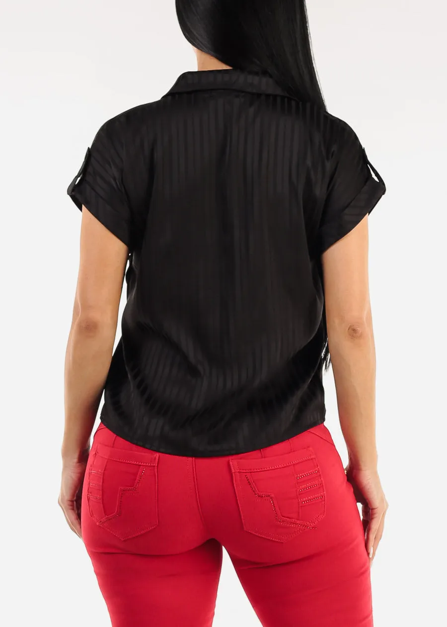 Satin Short Sleeve Stripe Collared Blouse Black sold by Moda product image thumbnail 4