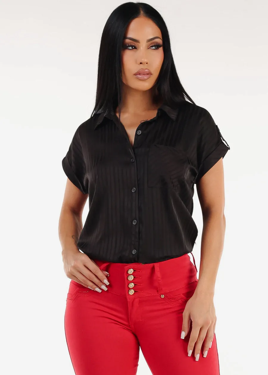 Satin Short Sleeve Stripe Collared Blouse Black sold by Moda