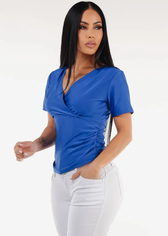 Short Sleeve Surplice Stretch Blouse Royal Blue sold by Moda