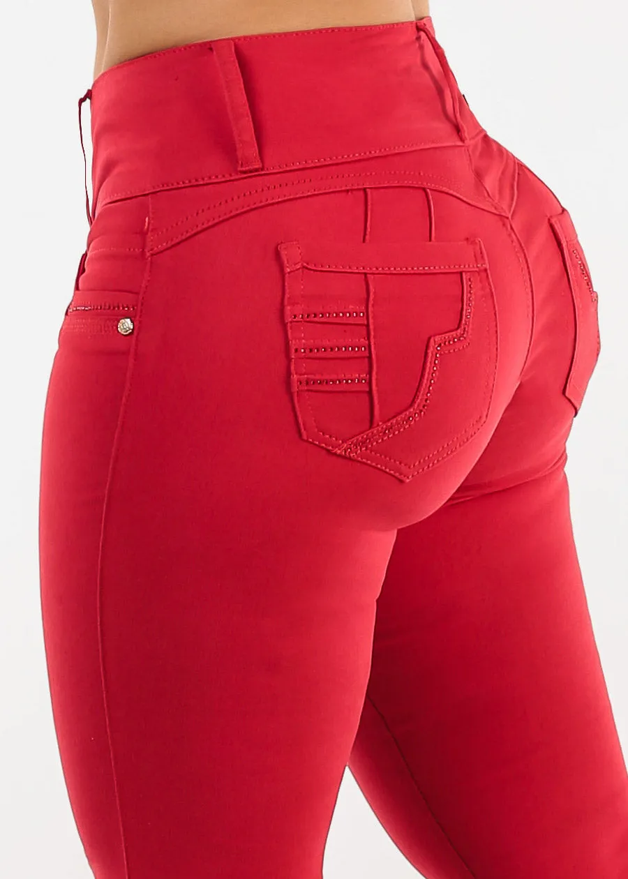 Butt Lift Mid Rise Stretch Skinny Jeans Red sold by Moda
