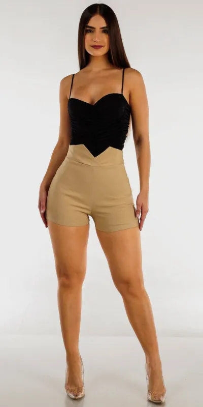 High Rise Waist Tied Khaki Dressy Shorts with Black Sleeveless Ruched Bodysuit sold by Moda