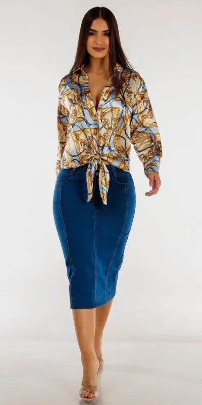 Indigo High Rise Denim Midi Pencil Skirt with Long Sleeve Tie Front Printed Satin Blouse sold by Moda