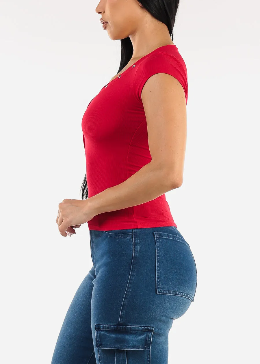 Short Sleeve Vneck Ribbed Stretch Top Red sold by Moda product image thumbnail 5