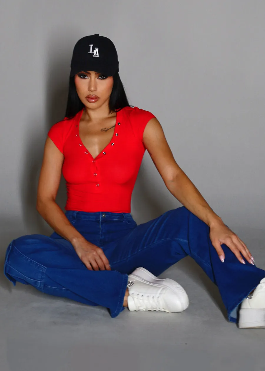 Short Sleeve Vneck Ribbed Stretch Top Red sold by Moda product image thumbnail 2