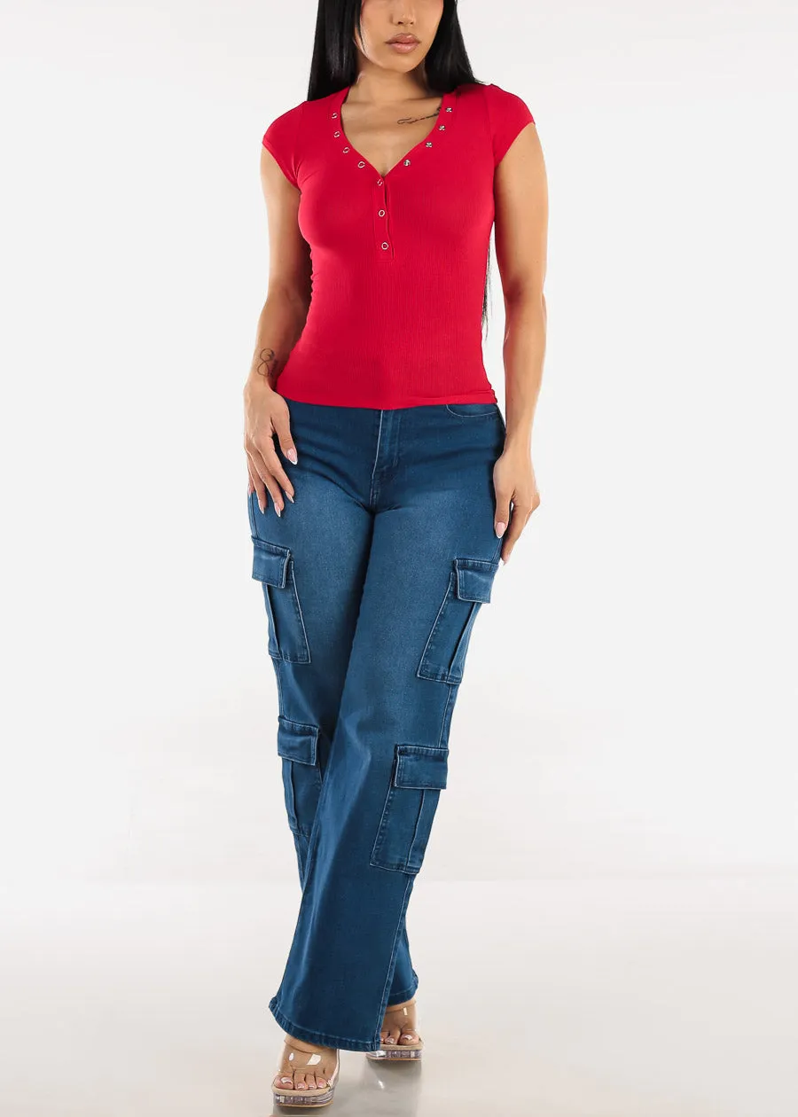 Short Sleeve Vneck Ribbed Stretch Top Red sold by Moda product image thumbnail 4