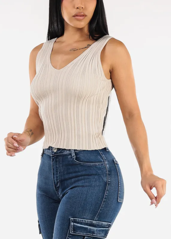 Sleeveless Vneck Knitted Stretch Top Oatmeal sold by Moda