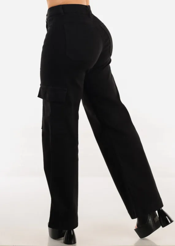 Butt Lift Stretchy Straight Wide Leg Cargo Jeans Black sold by Moda