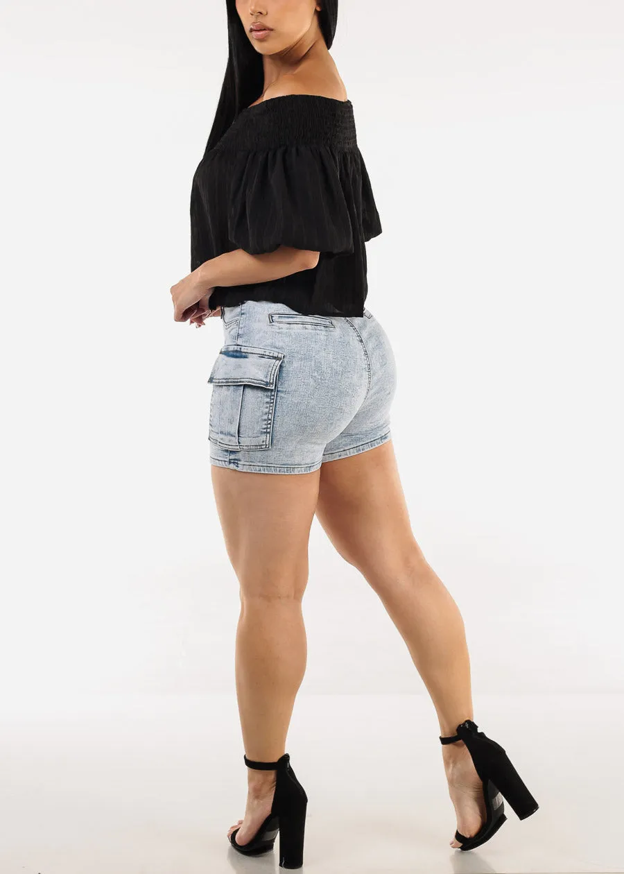 Butt Lift High Waist Stretch Cargo Denim Shorts Light Acid Wash sold by Moda product image thumbnail 5