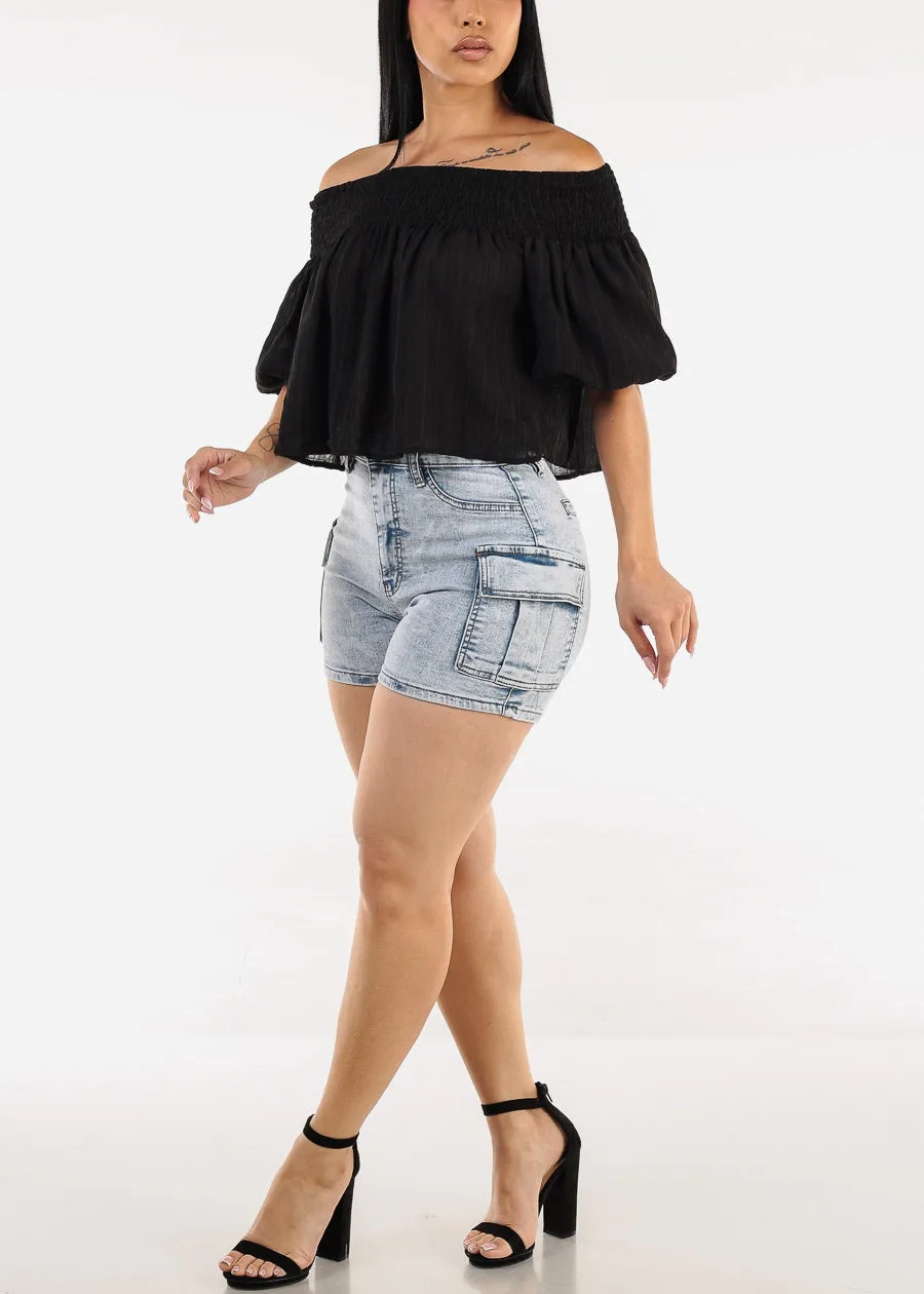 Butt Lift High Waist Stretch Cargo Denim Shorts Light Acid Wash sold by Moda product image thumbnail 2