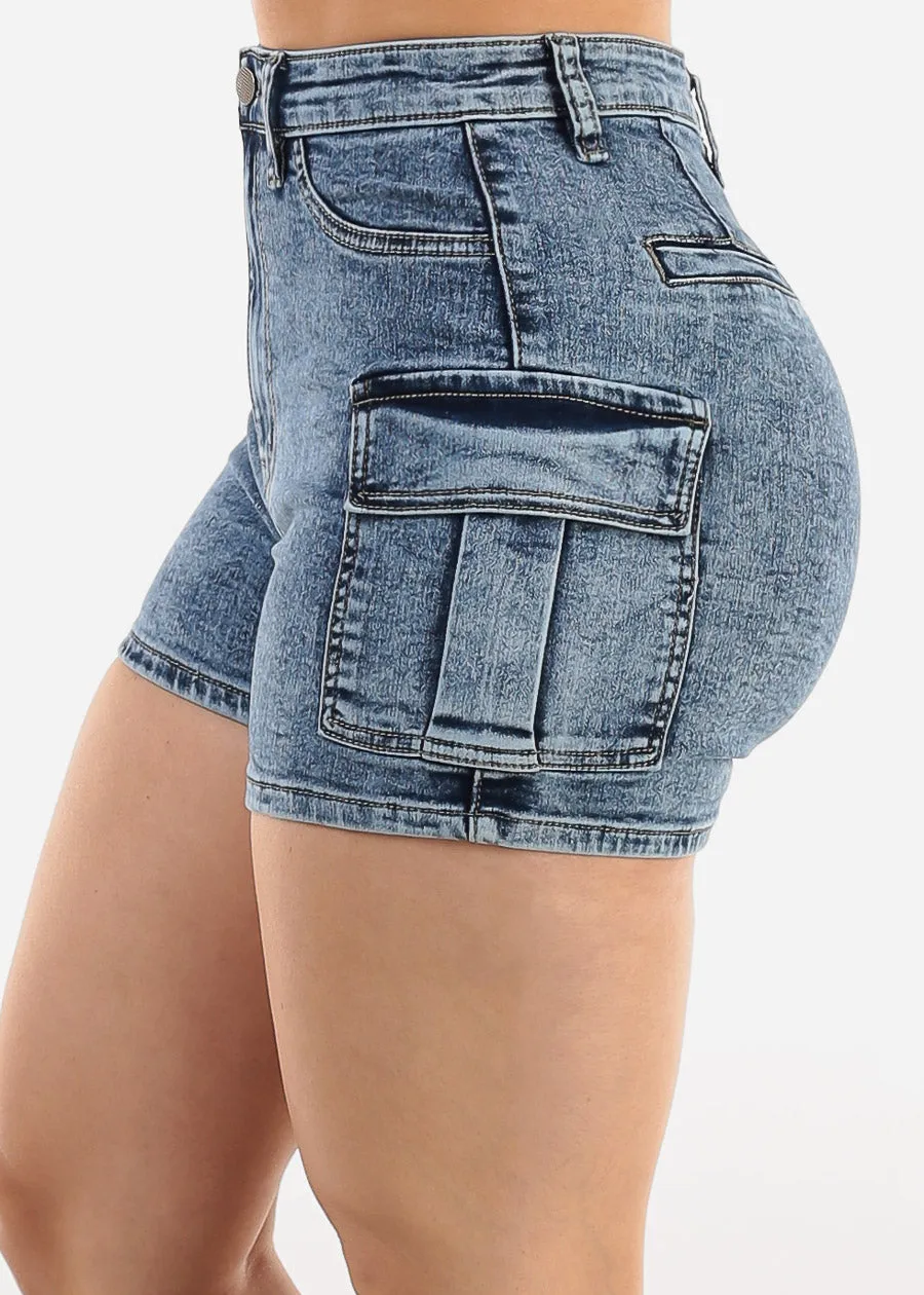 Butt Lift High Waist Stretch Cargo Denim Shorts Dark Acid Wash sold by Moda product image thumbnail 4