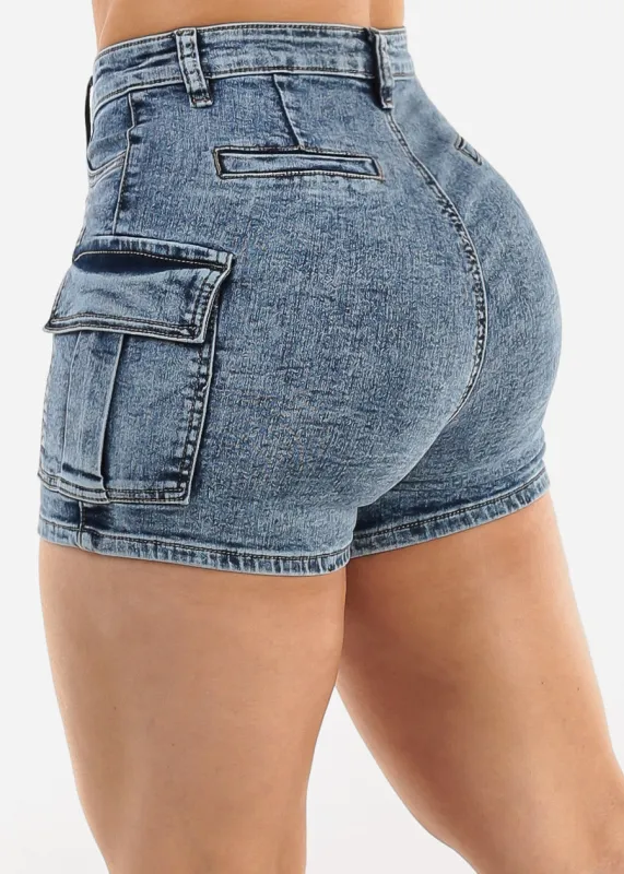 Butt Lift High Waist Stretch Cargo Denim Shorts Dark Acid Wash sold by Moda
