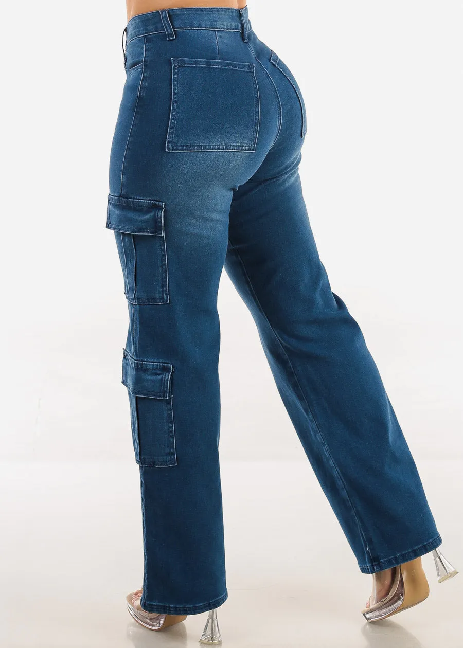 Butt Lift High Waist Straight Wide Leg Stretch Cargo Jeans Indigo sold by Moda
