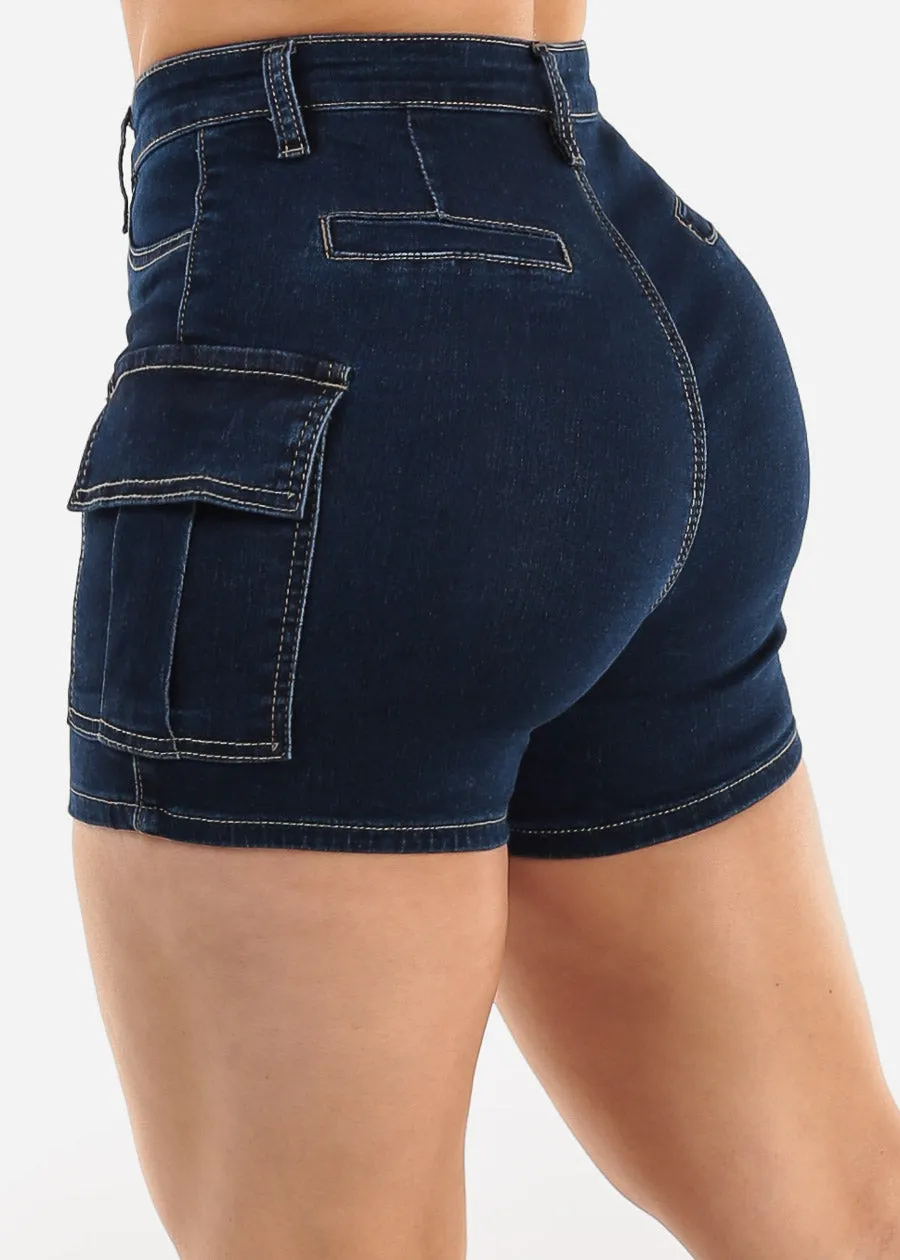 Butt Lift High Waist Stretch Cargo Denim Shorts Dark Wash sold by Moda