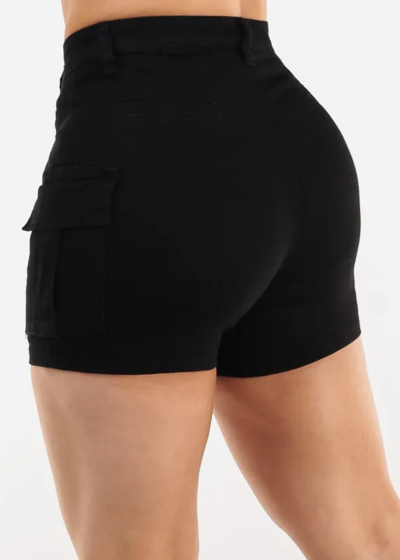 Butt Lift High Waist Stretch Cargo Denim Shorts Black sold by Moda