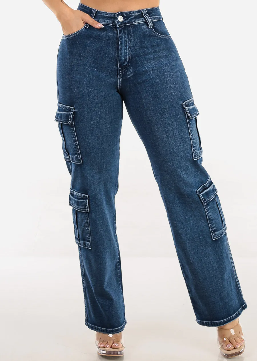 Butt Lift High Waist Straight Wide Leg Stretch Cargo Jeans Dark Wash sold by Moda product image thumbnail 5