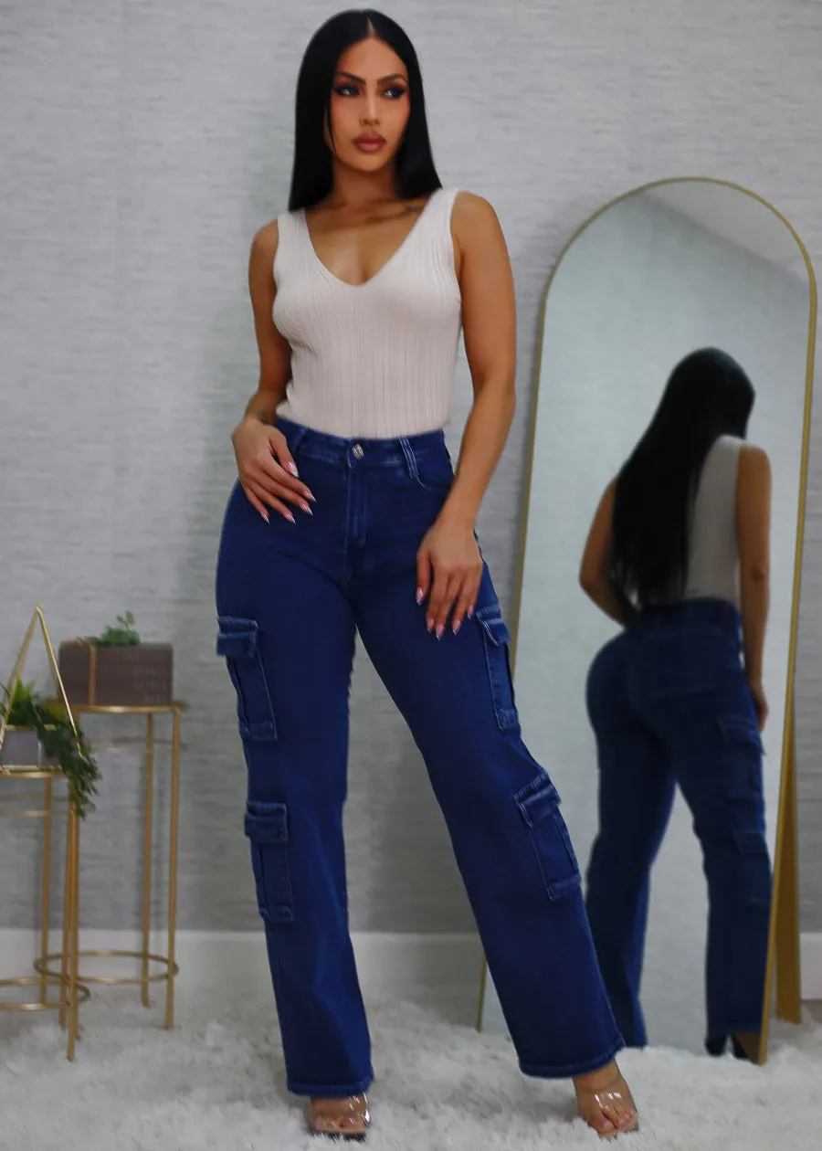 Butt Lift High Waist Straight Wide Leg Stretch Cargo Jeans Dark Wash sold by Moda product image thumbnail 3