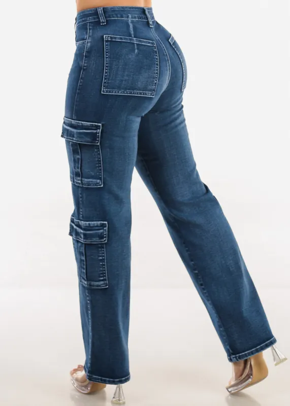Butt Lift High Waist Straight Wide Leg Stretch Cargo Jeans Dark Wash sold by Moda