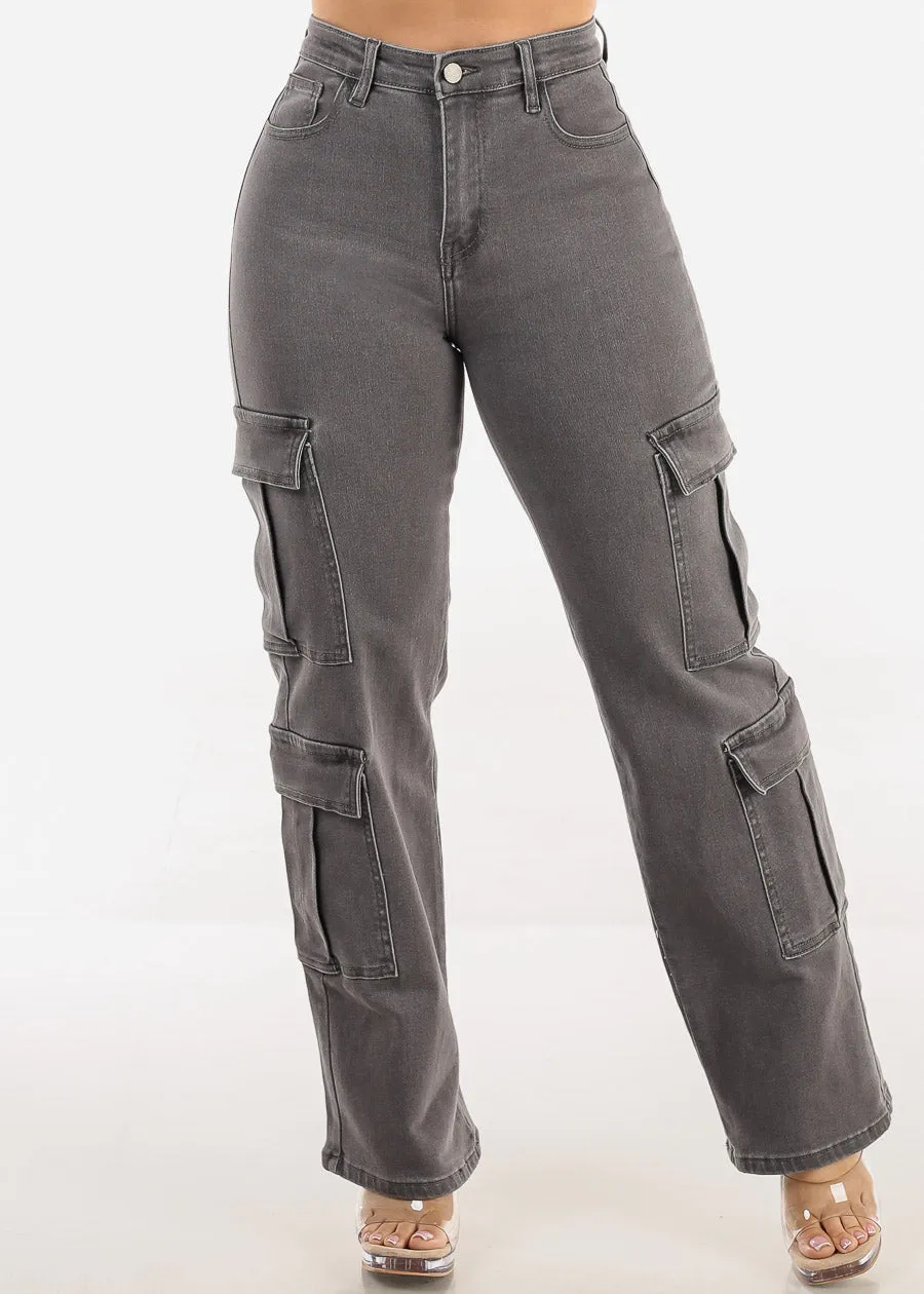 Butt Lift High Rise Straight Wide Leg Stretch Cargo Jeans Dark Grey sold by Moda product image thumbnail 4