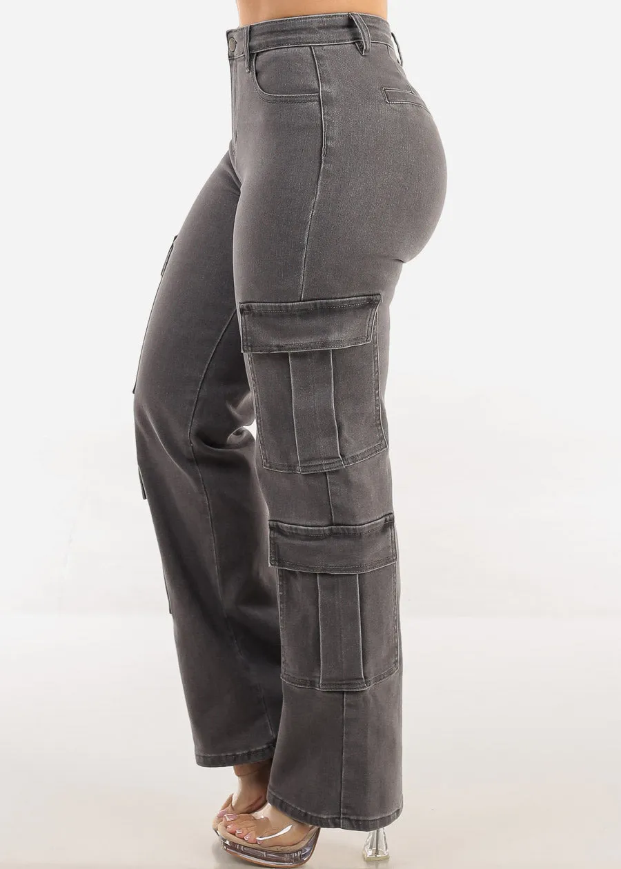 Butt Lift High Rise Straight Wide Leg Stretch Cargo Jeans Dark Grey sold by Moda product image thumbnail 5