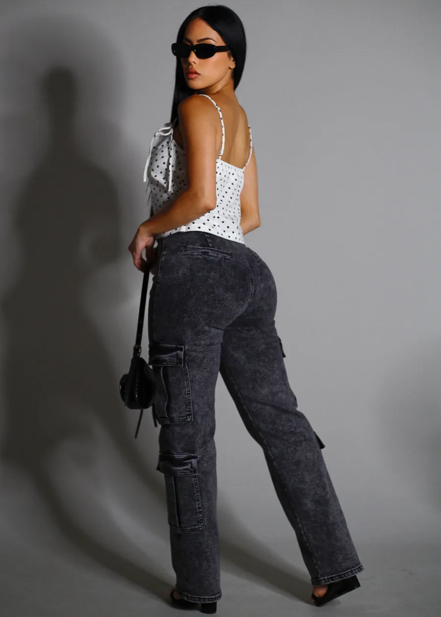 Butt Lift High Waist Straight Wide Leg Stretch Cargo Jeans Black Acid Wash sold by Moda product image thumbnail 2