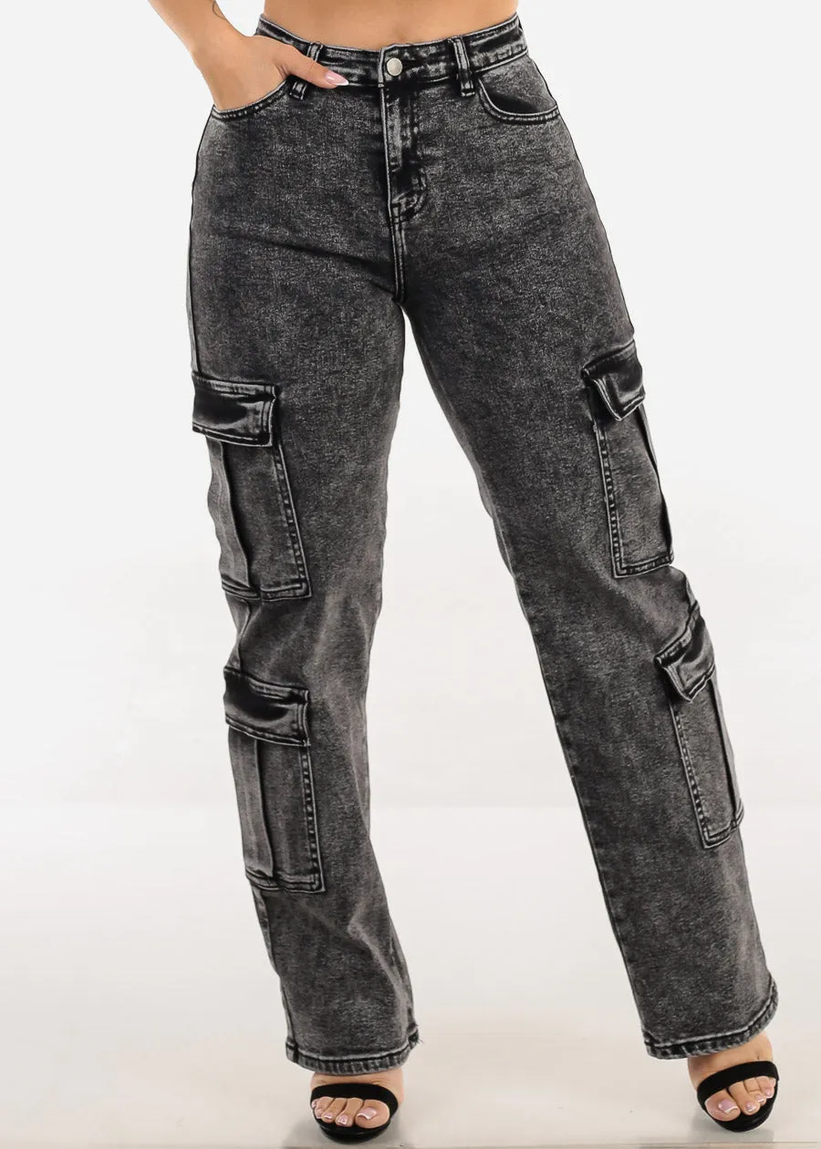 Butt Lift High Waist Straight Wide Leg Stretch Cargo Jeans Black Acid Wash sold by Moda product image thumbnail 5