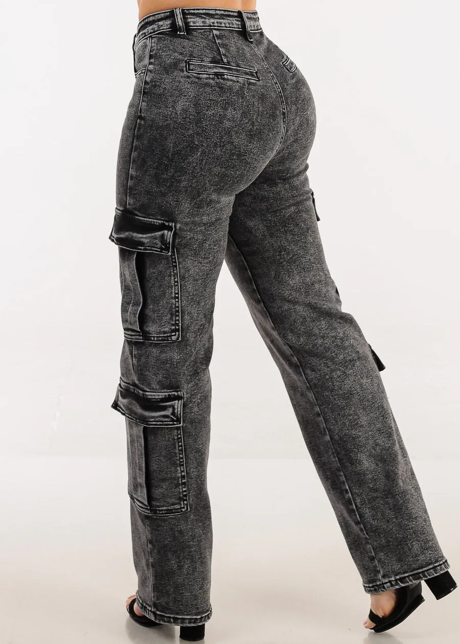 Butt Lift High Waist Straight Wide Leg Stretch Cargo Jeans Black Acid Wash sold by Moda