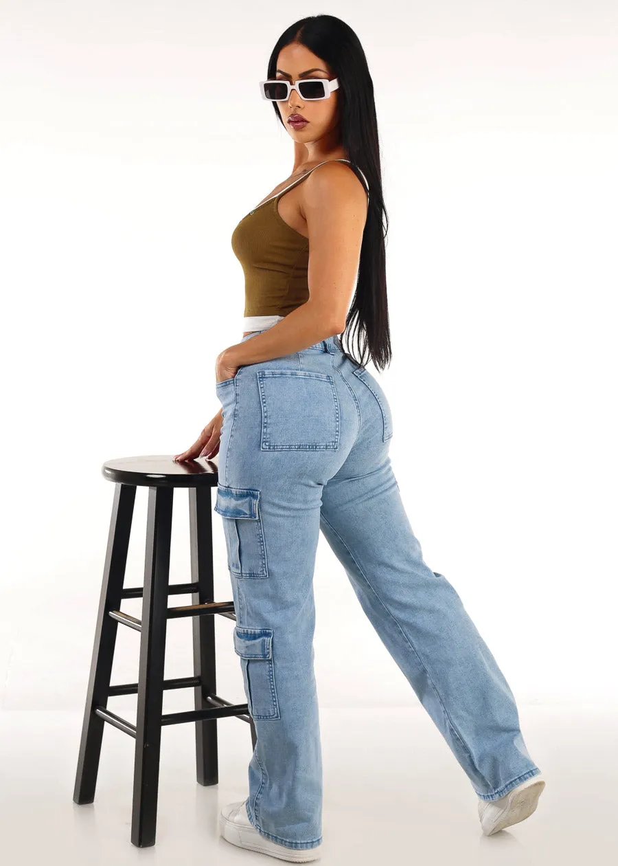 Butt Lift High Waist Straight Wide Leg Stretch Cargo Jeans Light Acid Wash sold by Moda product image thumbnail 3