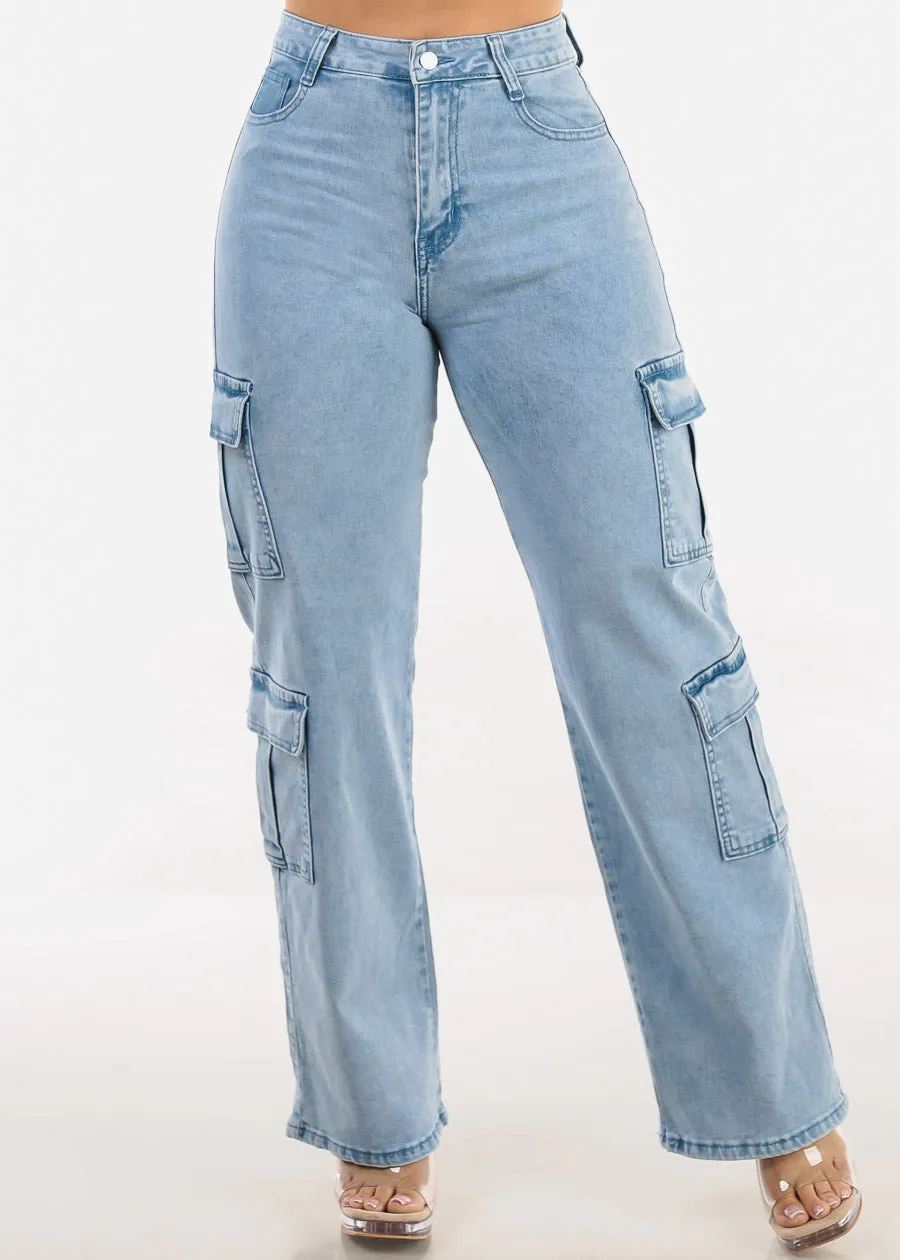 Butt Lift High Waist Straight Wide Leg Stretch Cargo Jeans Light Acid Wash sold by Moda product image thumbnail 4