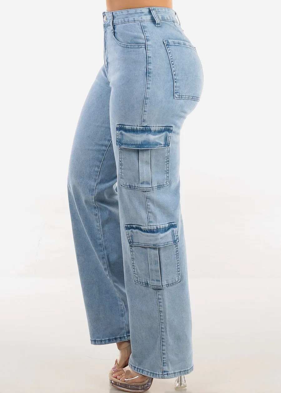 Butt Lift High Waist Straight Wide Leg Stretch Cargo Jeans Light Acid Wash sold by Moda product image thumbnail 5