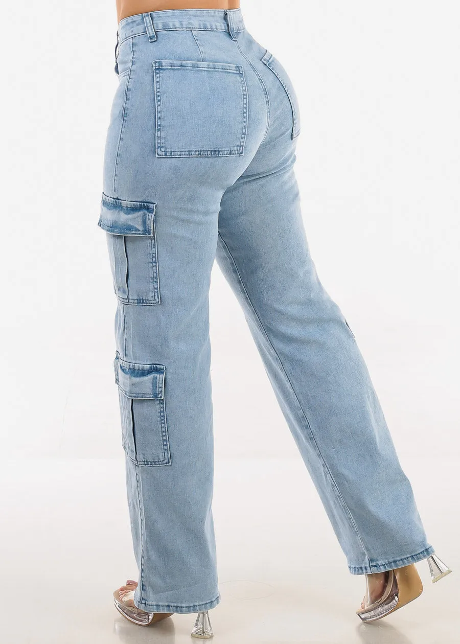 Butt Lift High Waist Straight Wide Leg Stretch Cargo Jeans Light Acid Wash sold by Moda