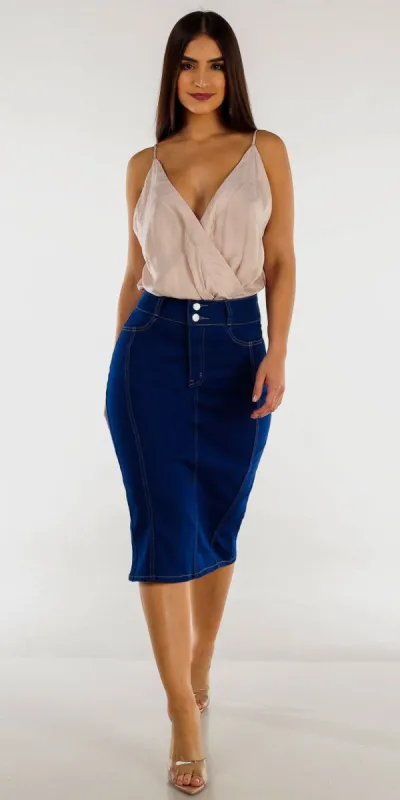 High Waisted Blue Denim Midi Pencil Skirt with Sleeveless Surplice Bodysuit sold by Moda