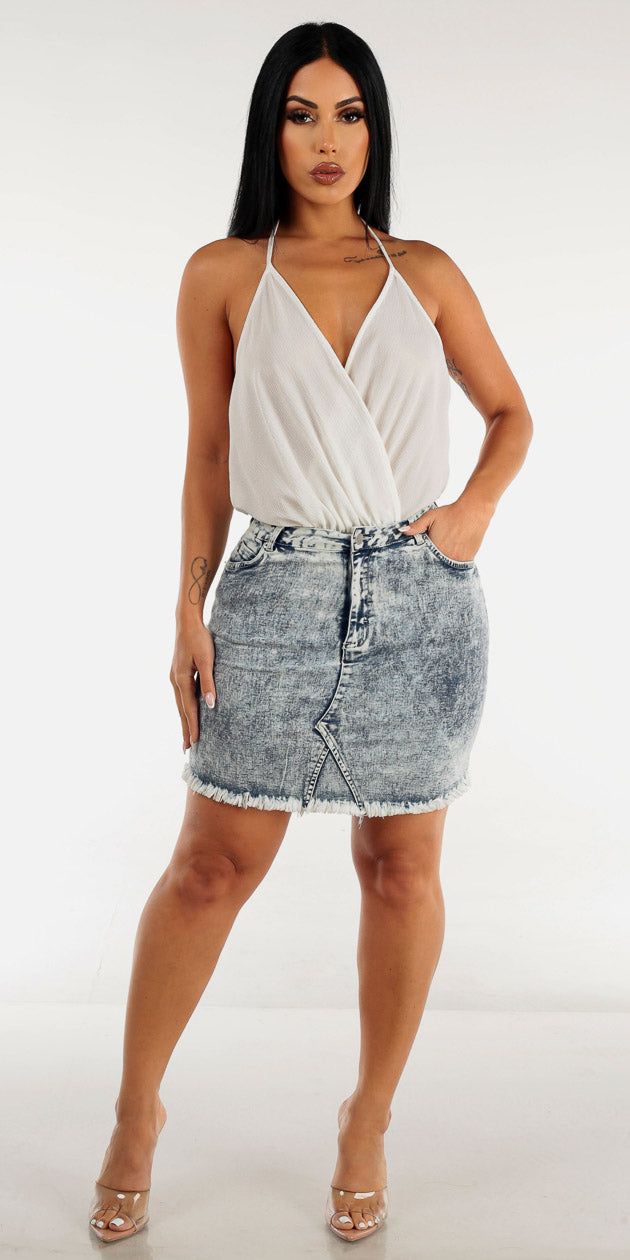 Acid Wash Raw Hem Denim Mini Skirt with Surplice Open Back Ivory Bodysuit sold by Moda