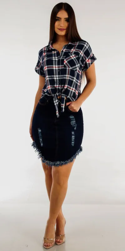 Ripped Fringe Hem Dark Denim Skirt with Short Sleeve Button Up Navy Plaid Shirt sold by Moda