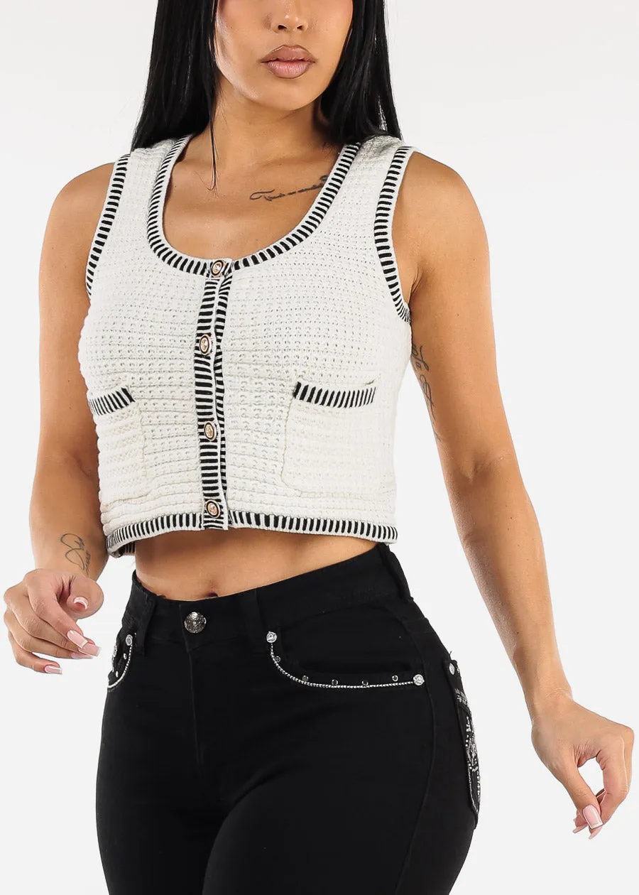 White Sleeveless Cropped Sweater Vest w Stripe Trim sold by Moda product image thumbnail 3