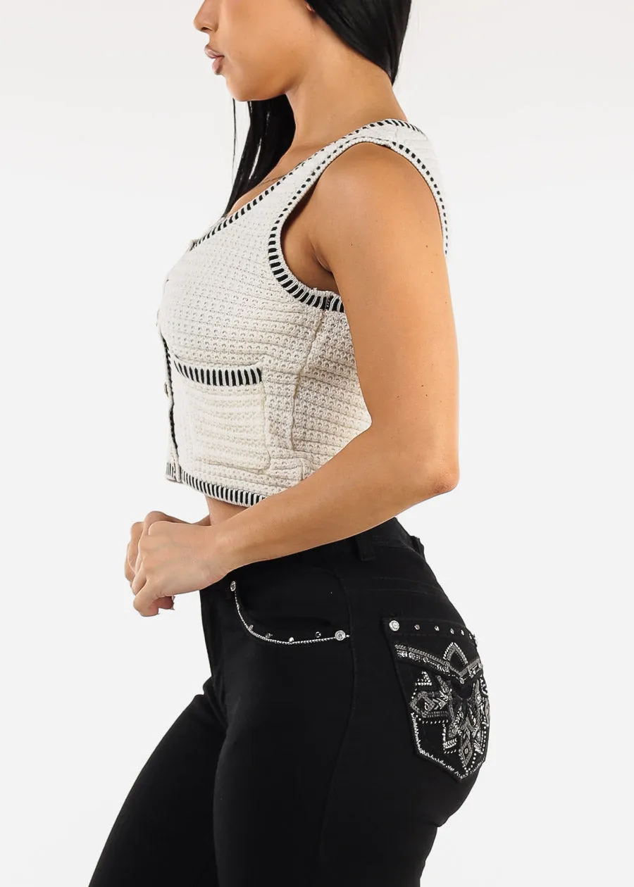 White Sleeveless Cropped Sweater Vest w Stripe Trim sold by Moda product image thumbnail 4