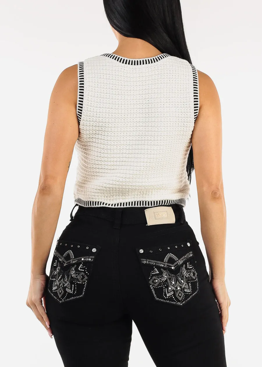 White Sleeveless Cropped Sweater Vest w Stripe Trim sold by Moda product image thumbnail 5