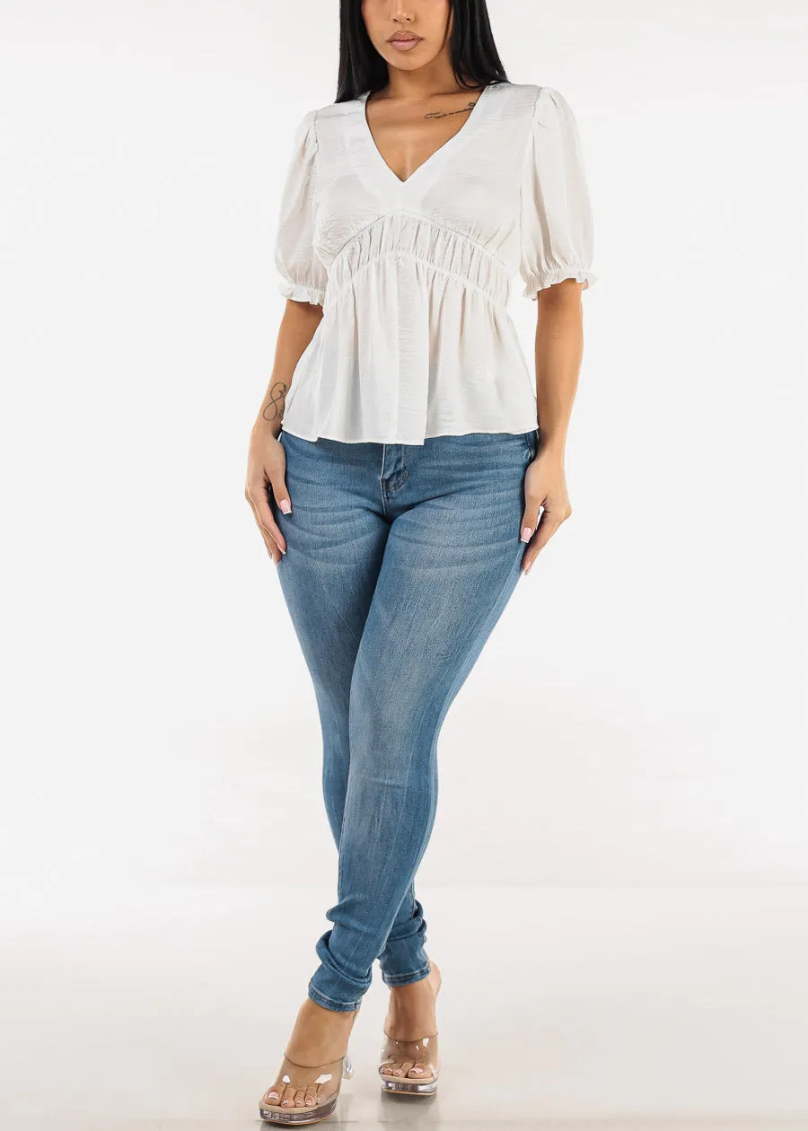 Short Sleeve Vneck White Blouse w Shirring Detail sold by Moda product image thumbnail 2