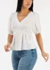 Short Sleeve Vneck White Blouse w Shirring Detail sold by Moda